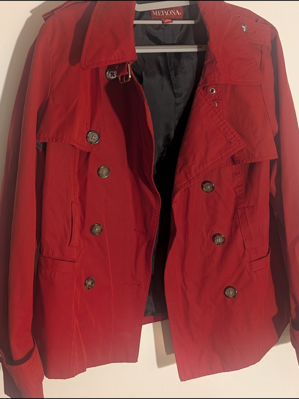 Merona Red Double Breasted Short Trench Coat Jacket Size L Cropped Peacoat